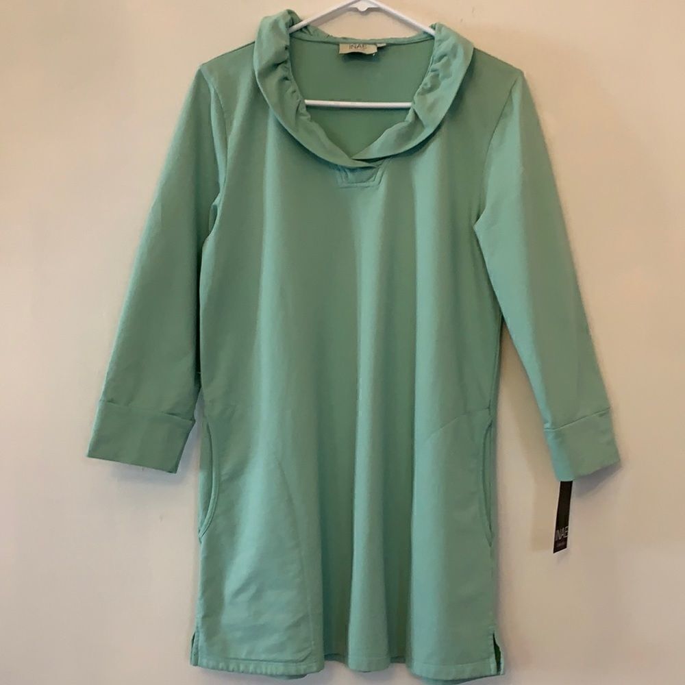 INAE collection pale green tunic. Front pockets, round collar. Length 30” Size S